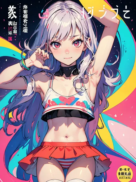 (Superflat, Flat Shading, flat-colors:1.1)、(Magazine Cover)、(Multiple girls)、Illustrations、((Lori、Petite、flat chested、A 12-year-old girl))、White skin and beautiful appearance、white wavy hair、Red eyes、Petite、striped crop top、Childrens Printed Panties、Smile、...