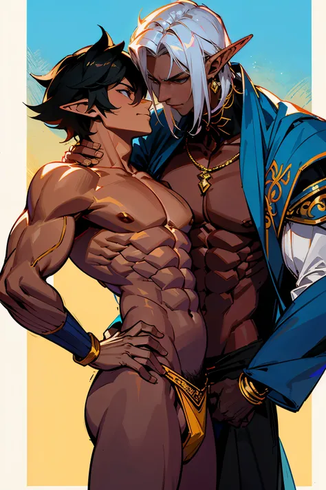 （tmasterpiece，top Quority，best qualtiy），pix，pixelart，the elf，full bodyesbian，（Dark skin），chest muscle，Abs，（Handsome male），warriors，arma, huge bulge