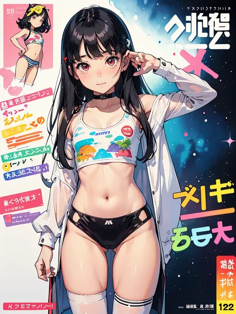 (Superflat, Flat Shading, flat-colors:1.1)、(Magazine Cover)、(Multiple girls)、Illustrations、((Lori、Petite、flat chested、A 12-year-old girl))、White skin and beautiful appearance、white wavy hair、Red eyes、Petite、striped crop top、Childrens Printed Panties、Smile、...