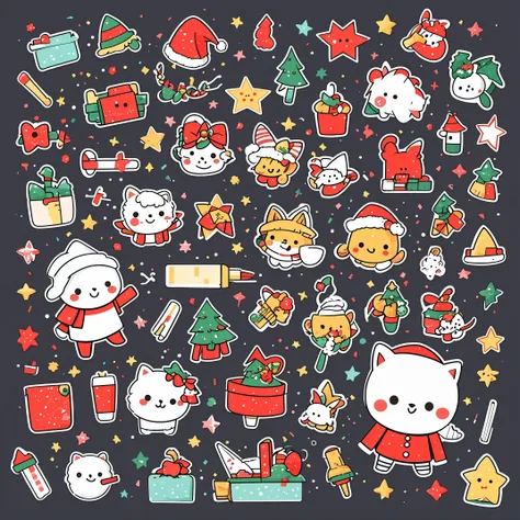 (Girl in Santa costume、vector illustrations、sticker design)、(top-quality、hight resolution: 1.2)、vivd colour、playful style、detailed line art、Festive atmosphere、Winter wonderland、Glowing snowflakes、Cute expression、fun mood、a smile、red outfit、fluffy white tri...