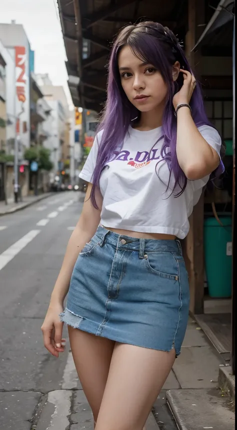 Menina bonita, menina jovem, 23 anos, Cabelo absurdamente longos, cabelo pintado todo de roxo, com roupas de rock, estilo rockeira, mulher rockeira, deusa rockeira, mulher japonesa, deusa japonesa, fundo de noite, apaixonada, realista.