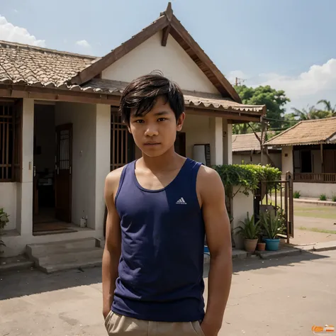 A 12 year old Indonesian boy wearing a singlet is in front of a village house