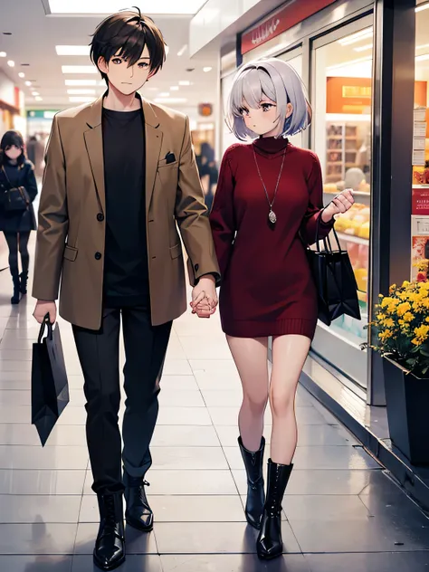 1,there is a couple, men and women, Holding hands.
2,Male is 24 years old、wearing normal clothes.
3,The woman is 18 years old, She is wearing a sexy mini knit dress and boots on her feet..
4,The season is autumn、The location is a shopping center.