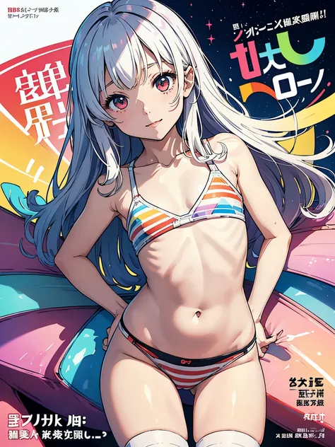 (Superflat, Flat Shading, flat-colors:1.1)、(Magazine Cover)、(Multiple girls)、Illustrations、((Lori、Petite、flat chested、A 12-year-old girl))、White skin and beautiful appearance、white wavy hair、Red eyes、Petite、striped crop top、Childrens Printed Panties、Smile、...