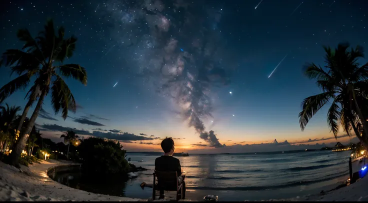 Island with a palm tree , night sky and stars, one boy alone sit on a chair champagne in one hand and see the sky, wide lens view , 4k