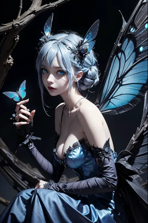 evil fairy, wings,blue eyes, looking at viewer,intricate details, moths, horror theme, horror style, eerie, stygical, gloomy mothgirlcpt, moth antennae, moth wings, joints, extra arms