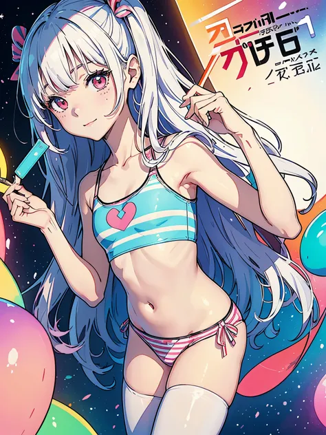 (Superflat, Flat Shading, flat-colors:1.1)、(Magazine Cover)、(Multiple girls)、Illustrations、((Lori、Petite、flat chested、A 12-year-old girl))、White skin and beautiful appearance、white wavy hair、Red eyes、Petite、striped crop top、Childrens Printed Panties、Smile、...