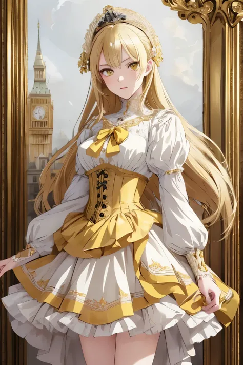 ((best quality)), ((masterpiece)), (detailed), perfect face, anime woman, high resolution, Victorian anime teenager, white and yellow dress, blonde, yellow eyes, london, standing, holding masquerade, brown skirt