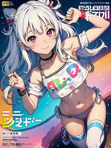 (Superflat, Flat Shading, flat-colors:1.1)、(Magazine Cover)、(Multiple girls)、Illustrations、((Lori、Petite、flat chested、A 12-year-old girl))、White skin and beautiful appearance、white wavy hair、Red eyes、Petite、striped crop top、Childrens Printed Panties、Smile、...