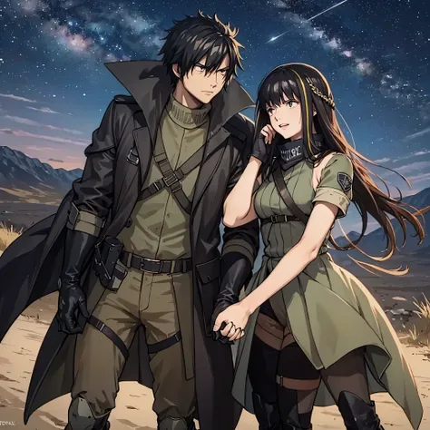 man in military clothing holding the hand of woman on a battlefield at night