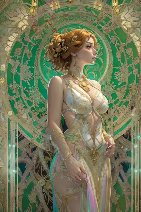 art deco - middle aged augmented buxom pale voluptuos full figured white woman in glossy iridescent  outfit, full body, G-cups , cover, hyperdetailed painting, luminism, Bar lighting, complex, 4k resolution concept art portrait by Greg Rutkowski, Artgerm, ...