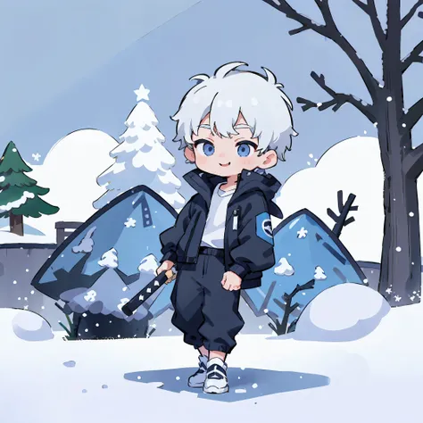 A boy with katana, white hair, round face, big blue eyes, smile, black jacket, Balenciaga clothes, Clothes oversized fashion streetwear, Air Jordan, winter, park, white snow, Christmas tree, snow cover, panorama, front