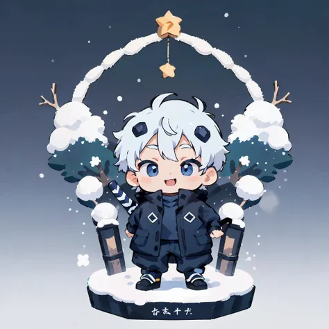 A boy with katana, white hair, round face, big blue eyes, smile, black jacket, Balenciaga clothes, Clothes oversized fashion streetwear, Air Jordan, winter, park, white snow, Christmas tree, snow cover, panorama, front