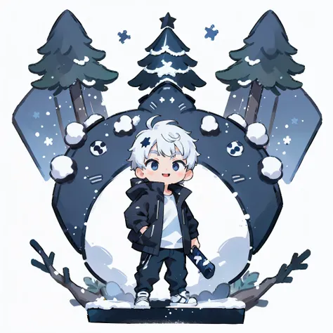 A boy with katana, white hair, round face, big blue eyes, smile, black jacket, Balenciaga clothes, Clothes oversized fashion streetwear, Air Jordan, winter, park, white snow, Christmas tree, snow cover, panorama, front