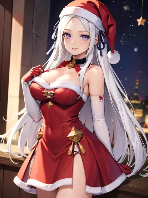 1girl, solo, masterpiece, best quality, high res, highly detailed, (illustration), beautiful detailed eyes, edelgard_academy, hair ribbon, long hair, white hair, purple eyes ,glossy lips, makeup, smile, long white satin elbow gloves, cowboy shot, (santa), ...