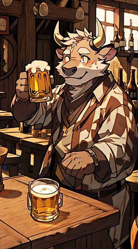 an old drunk furry cow drinking beer in a tavern