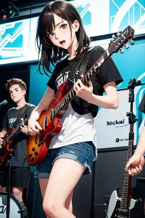 pop punk band in studio; tomboy girl holding guitar; boy playing drum