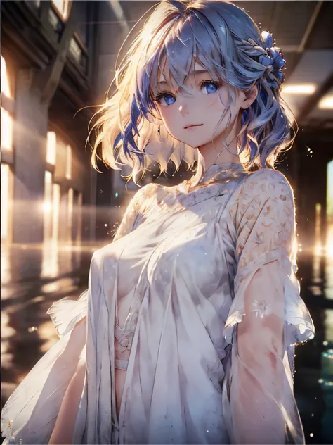 art by Cornflower, like a dream (A petite girl，Have beautiful and delicate eyes. The depth of field in the photo was perfect, Lens flare adds a nice touch, {{Side Chest:2}}}, drenched clothes