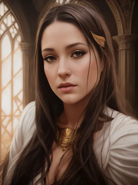 Arafed is a dark-eyed brunette with a dragon head and a white dress......., the dragon girl portrait, graphic artist magali villeneuve, realistic fantasy illustration, fantasy art portrait, inspired by Magali Villeneuve, magali villeneuve, Portrait of a Dr...