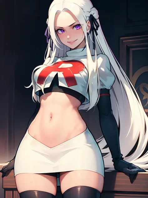 edelgard_academy, hair ribbon, long hair, white hair, purple eyes, glossy lips ,team rocket uniform, red letter R, white skirt,white crop top,black thigh-high boots, black elbow gloves, evil smile, looking at viewer, cowboy shot