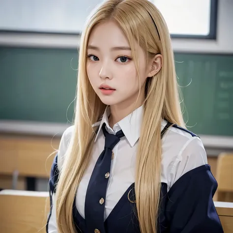 a korean woman with very long blonde hair is in a school uniform, healthy body, she is alone in they classroom, they are alone, ...