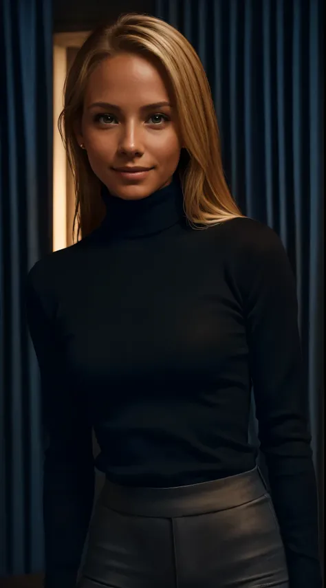 Foto hiperrealista en primer plano de 20 years old Maria Bello,  masterpiece, best quality, (photorealistic:1.4), portrait photo, black turtleneck sweater, night in living room, during the night, dark night, during night, cinematic light, beautiful woman, ...