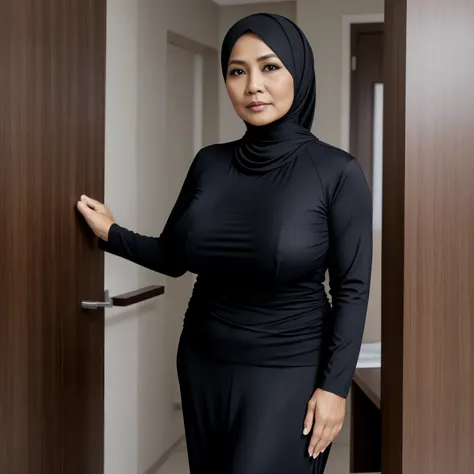 52 years Old, Hijab Indonesian mature woman, Extra Large Tits : 146.9, Long-sleeveles Shirt, Slim body, Breast about To burst out, at doctor office, Dark light, at Daytime