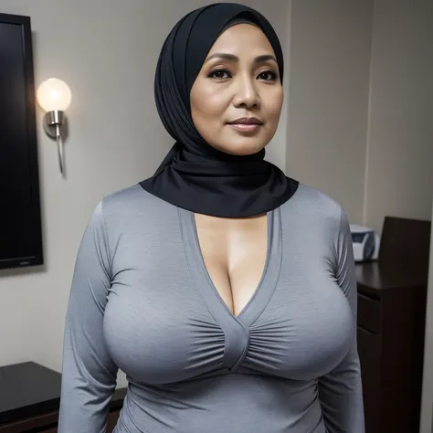 52 years old, hijab indonesian mature woman, extra large tits : 146.9, long-sleeveles shirt, slim body, breast about to burst ou...