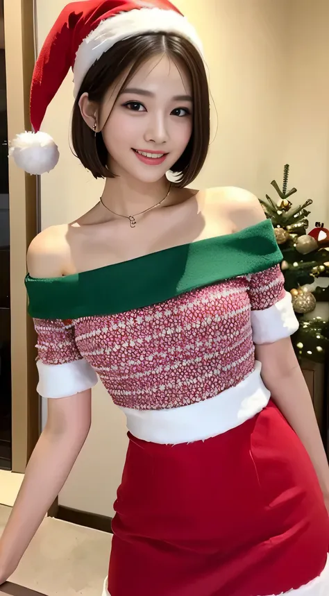 ((Best Quality, 8K, Masterpiece: 1.3)), a tall and beautiful Thai woman, perfect figure: 1.4, slender abs, dark brown hairstyle, short hair, santa hat,short dress, without any posture movements, standing straight, highly detailed face and skin texture, det...