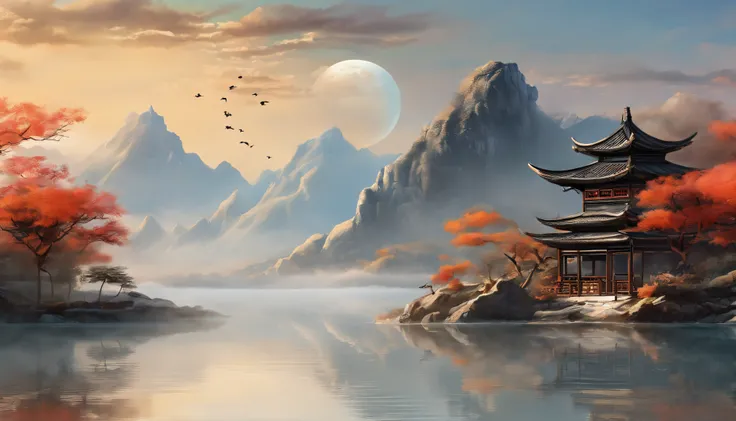 (Best quality,8K,A high resolution,tmasterpiece:1.2),ultra - detailed,HighDynamicRange,hyper HD,The content is very detailed,first key,Traditional art style,Ancient Chinese landscape painting,Depicting mountains and rivers,elegant pavilion,A beautiful moon...