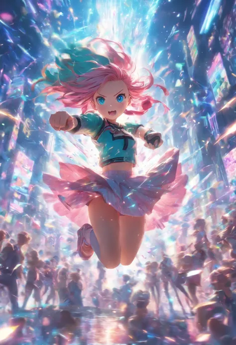 foreshortening,  depth of fields, Main items, Best quality at best, 1 girl in, with pink hair, teal eyes,  Medium hair, floating,pink ray, I am, Just look at the audience,Pink skirt, Scattering,  Dim sunlight,