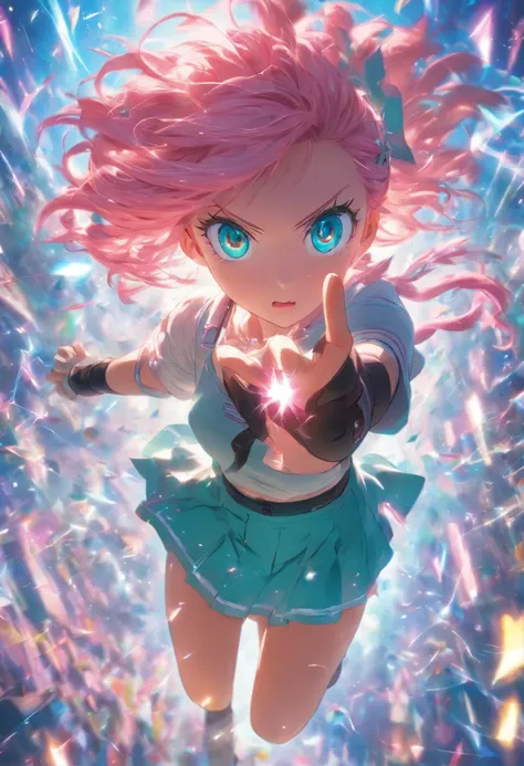 foreshortening,  depth of fields, Main items, Best quality at best, 1 girl in, with pink hair, teal eyes,  Medium hair, floating,pink ray, I am, Just look at the audience,Pink skirt, Scattering,  Dim sunlight,