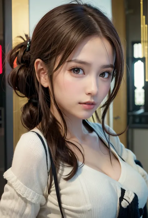 8K, of the highest quality, masutepiece:1.2), (Realistic, Photorealsitic:1.37), of the highest quality, masutepiece, Beautiful young woman, Pensive expression,、A charming、and an inviting look, Oversized knitwear、cleavage of the breast, Hair tied back, Cine...