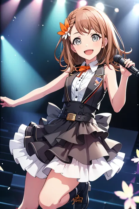 minori3rd, looking at viewer, smile, open mouth, skirt, shirt, hair ornament, bow, ribbon, holding, bare shoulders, jewelry, medium breasts, standing, white shirt, braid, hair bow, boots, frills, sleeveless, shiny, collared shirt, belt, armpits, vest, high...