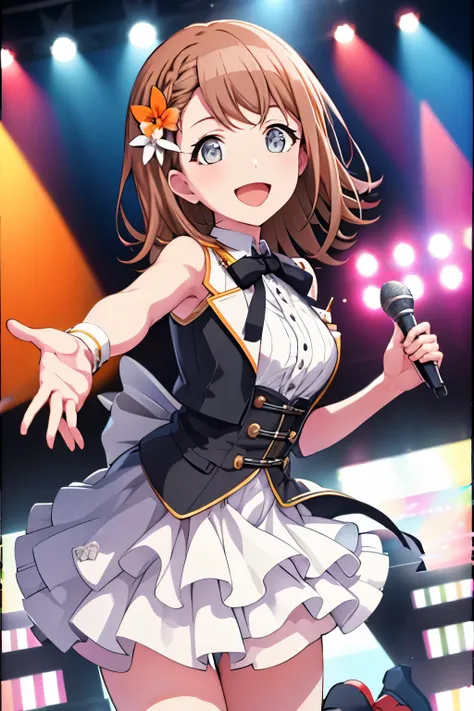 minori3rd, looking at viewer, smile, open mouth, skirt, shirt, hair ornament, bow, ribbon, holding, bare shoulders, jewelry, medium breasts, standing, white shirt, braid, hair bow, boots, frills, sleeveless, shiny, collared shirt, belt, armpits, vest, high...