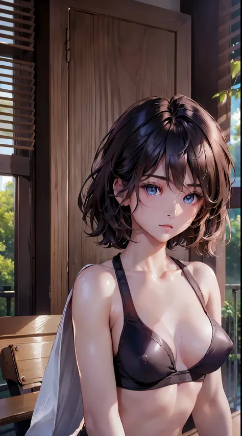 quality、image quality、tmasterpiece、girl vs.((Cute little turtle、18yr old、best bust、medium chest circumference、Bust 85,beautiful blue eyes open,cabelos preto e longos、The slender one、middle knot、Black sports bra、,Reflecting the whole body、Sweated、wrap towel...