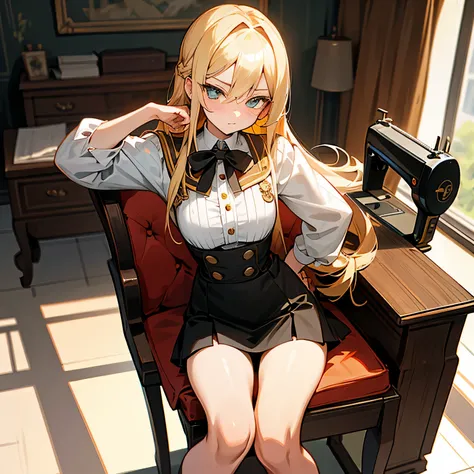 （colored sewing machine：2.0)，Colored lines，gray pupil，Long blonde hair，sewing machine，Detailed pubic hair. Yellow-haired beauty，Beautiful curveair skin，Noble temperament，Tsundere expression，Her bust and waist accentuated her long, toned legs..。校服，short  sk...