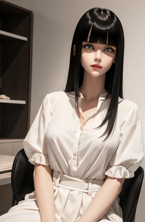 1 つのMannequinが座っています(Beautuful Women　Mannequin is 30 years old　Mannequinの身長は165cmです. Mannequinの色&#39;my face is white.　Mannequinの色 body is pure white 　Mannequin has black hair(neck length straight hair　bangss)　Mannequin has a thin and long face　Mannequinの色...