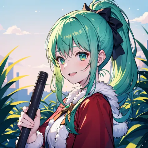 detailed, (masterpiece:1.2), (solo:1.2), (female), (emphasis lines:1.3), slender, green hair, outdoors, santa_costume, ponytail, cheerful, smile