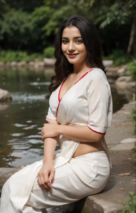 A beautiful young girl,smiling, wear a full saree,white colour-red colour mix,sit near a pond with pot,slight red colour, ,best quality, 8k,hd,,