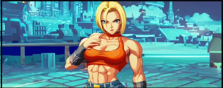 um close de uma pessoa com uma blusa vermelha e shorts azuis, Personagem de King of Fighters, Android 18, personagem de jogo de luta, como personagem em tekken, Estilo Rei dos Lutadores, Pose de lutador, Pose de luta, pose, menina saiyajin, de virtua figth...