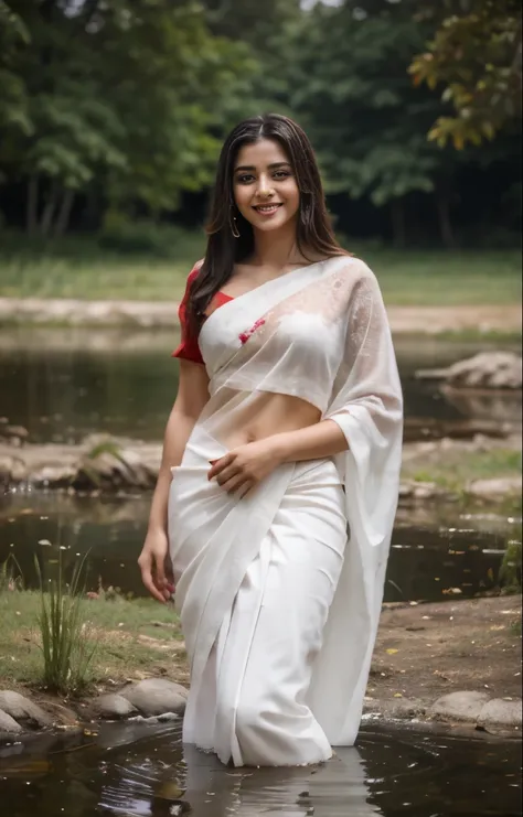 a beautiful young girl,smiling, wear a full saree,white colour-red colour mix, standing near a pond with pot,slight red colour, ...