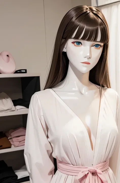 1 つのMannequinが座っています(Beautuful Women　Mannequin is 30 years old　Mannequinの身長は165cmです. Mannequinの色&#39;my face is white.　Mannequinの色 body is pure white 　Mannequin has brown hair(straight hair down to throat　bangss)　Mannequin has a thin and long face　Mannequi...