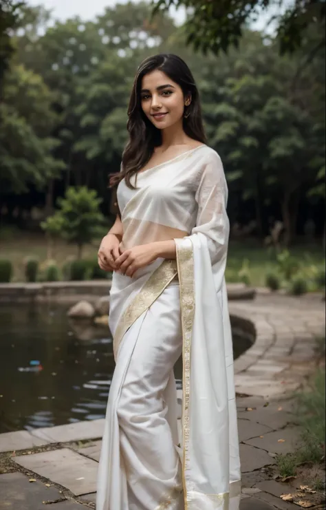 a beautiful young girl,smiling, wear a full saree,white colour-red colour mix, standing near a pond with pot,slight red colour, ...