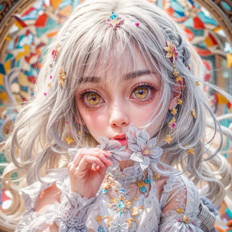 SFW, concept art, Tiny junior idol, Delicate lace knitted white clothes, (nipple:-0.9), face closeup, ((Dazzling stained glass Background)), (((Renbutsu Misako), colorful Light shines through stunning elaborate stained glass:1.2, vivid Red colors, lense Pa...