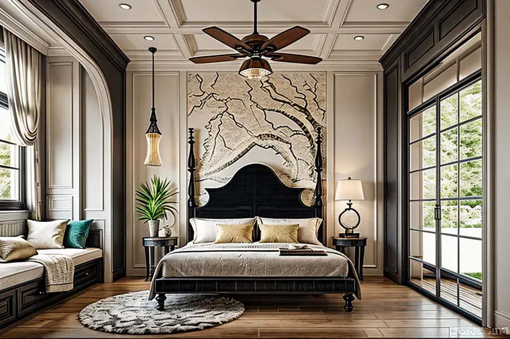 indochine bedroom interior design, a bedroom with bed, lamp, rug, potted plant, pillow, bench, wood floor, black wood furnitures...