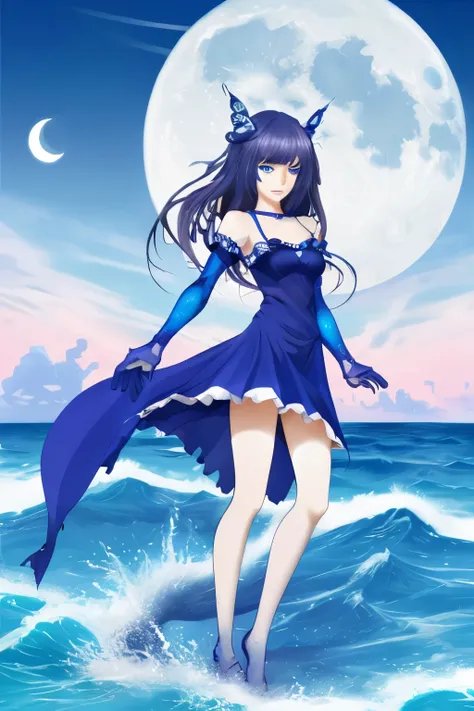 extremely detailed eyes and face perfect anatomy blue girl anime fantasy ocean moon full body image large eyes Rin々Right