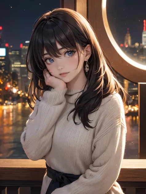 high-definition images, atmospheric perspective, 8k, super detail, accurate, best quality, a woman, see the Manhattan from across the river on Christmas day, winter clothes with Christmas colors, looking away, angle from below, (drooping eyes), sleepy face...