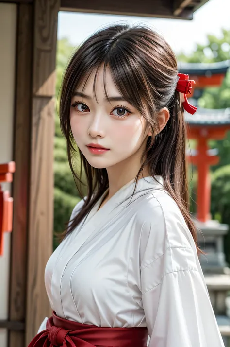 1girl in, (shrines maiden), (Japanese style shrines maiden costume, White haori, Red Hakama:1.3), Extremely cute, Amazing face and eyes, (extremely detailed beautiful face), (Ultra Realistic), (Highly detailed eyes, Highly detailed hair, Highly detailed fa...