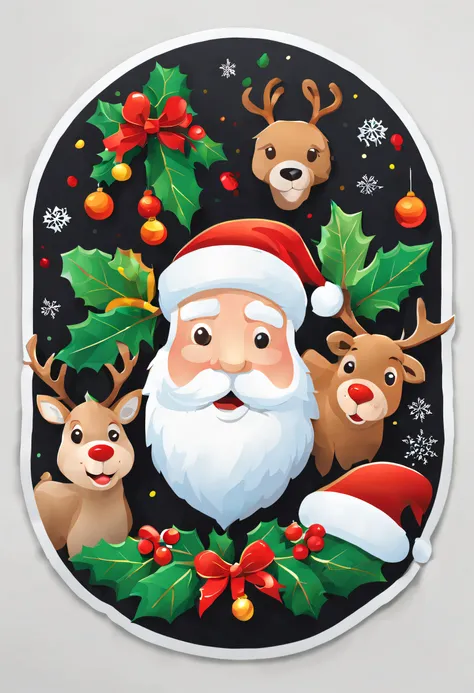 christmas stickers, 2D flat sticker, White frame, santa and reindeer face, Leaves, christmas bells, Simple black background, (masutepiece), (Best Quality), (ultra high detailed)